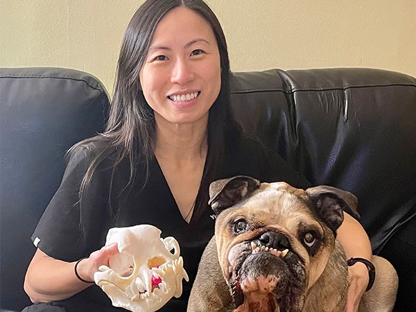 Yu-Hui Huang holding a 3D printed model of her dog's skull and tumor, which she printed for a veterinary surgeon to assist with his surgery.